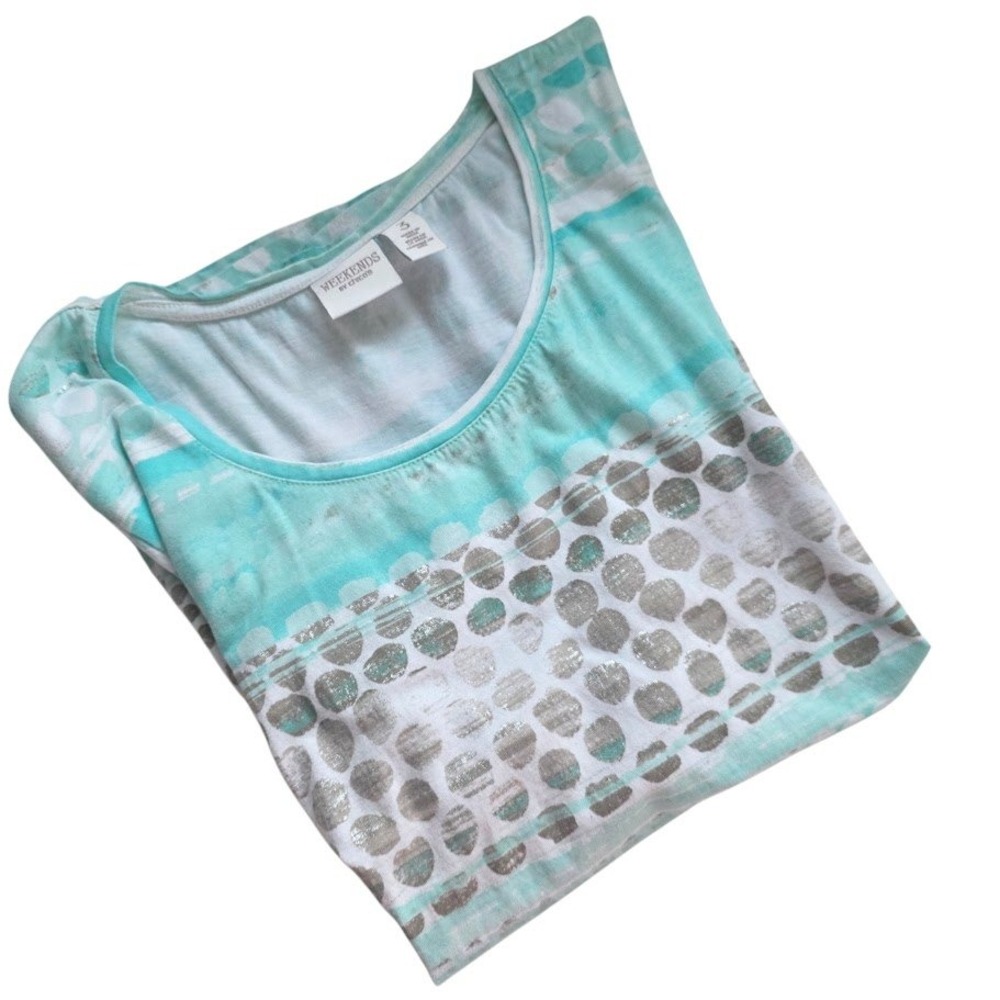Weekends by Chico's Top Women 3X Turquoise Silver Metallic Dot Stripe Tee Shirt